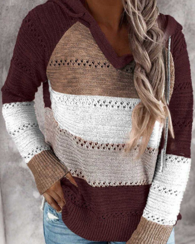 Women's Colour Block Hooded Knit Jumper with Open-Knit Rows, Burgundy, view 3