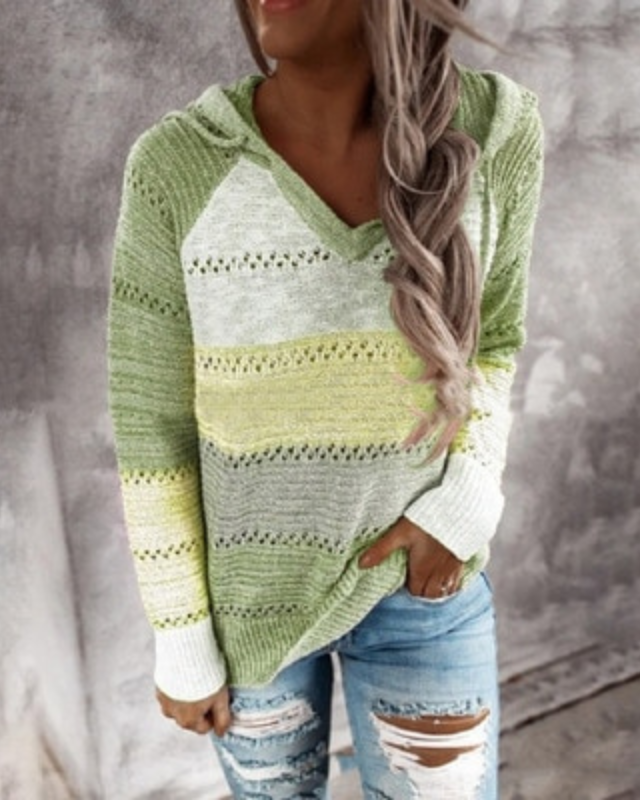 Women's Colour Block Hooded Knit Jumper with Open-Knit Rows, Green, view 5