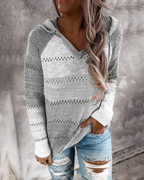 Women's Colour Block Hooded Knit Jumper with Open-Knit Rows, Grey, view 6