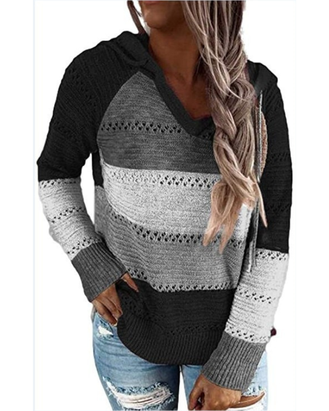 Women's Colour Block Hooded Knit Jumper with Open-Knit Rows, Black, view 7
