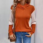 Women's Colour-Block Hoodie with V-Neck and Ribbed Sleeves, Orange, view 1