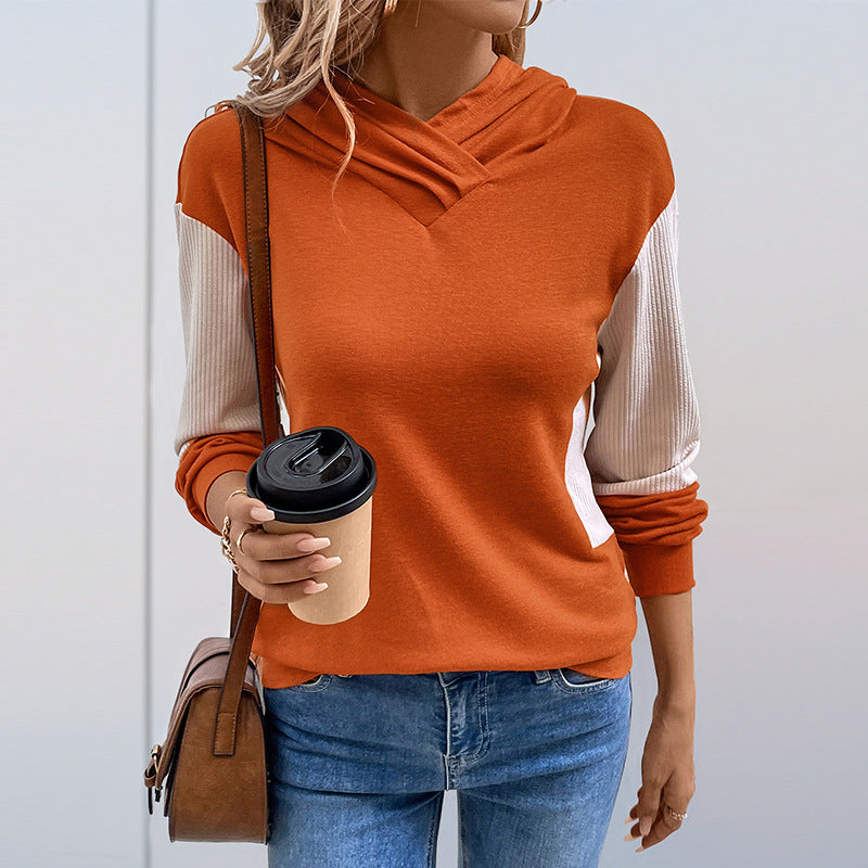 Women's Colour-Block Hoodie with V-Neck and Ribbed Sleeves, view 3