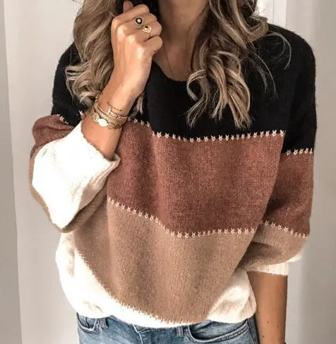 Women's Colour Block Jumper with Contrast Stitch Detail, Brown, view 3