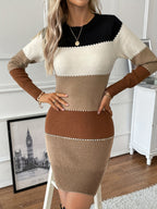 Women's Colour Block Knit Mini Dress with Contrast Stitching, view 1