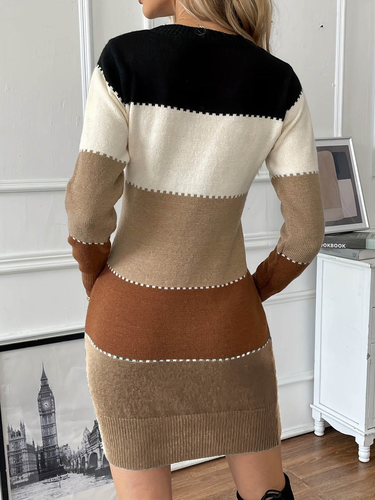Women's Colour Block Knit Mini Dress with Contrast Stitching, view 2