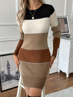 Women's Colour Block Knit Mini Dress with Contrast Stitching, Brown, view 3