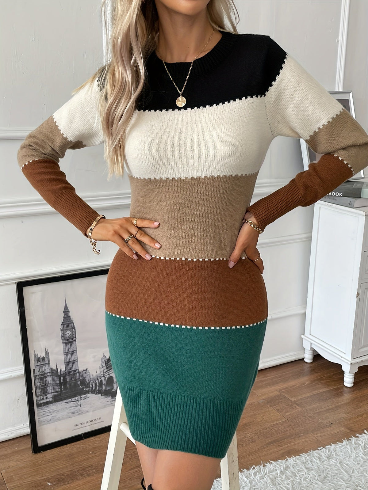 Women's Colour Block Knit Mini Dress with Contrast Stitching, Green, view 4