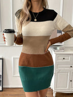 Women's Colour Block Knit Mini Dress with Contrast Stitching, view 6