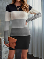 Women's Colour Block Knit Mini Dress with Contrast Stitching, Black, view 8