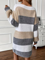 Women's Colour-Block Knit Mini Dress with Puff Sleeves, view 2