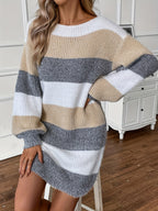Women's Colour-Block Knit Mini Dress with Puff Sleeves, view 3
