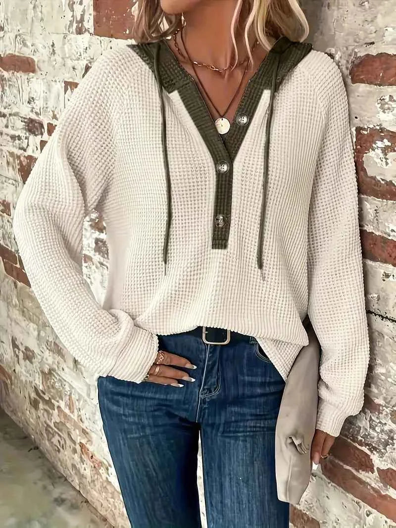 Women's Contrast-Hood Waffle-Knit Hoodie with Button Placket, Beige, view 1