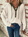 Women's Contrast-Hood Waffle-Knit Hoodie with Button Placket, Beige, view 1