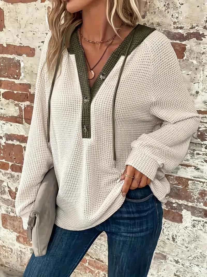 Women's Contrast-Hood Waffle-Knit Hoodie with Button Placket, view 2
