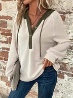 Women's Contrast-Hood Waffle-Knit Hoodie with Button Placket, view 2