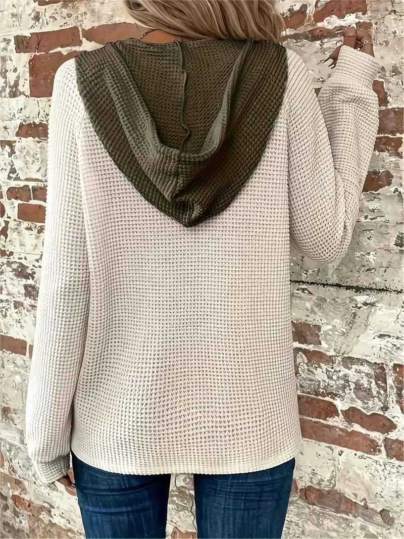 Women's Contrast-Hood Waffle-Knit Hoodie with Button Placket, view 3
