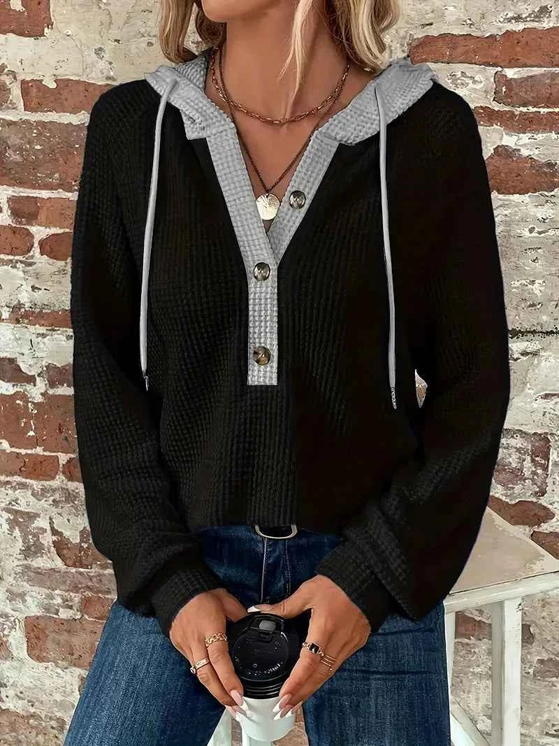 Women's Contrast-Hood Waffle-Knit Hoodie with Button Placket, Black, view 4