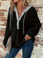 Women's Contrast-Hood Waffle-Knit Hoodie with Button Placket, view 5