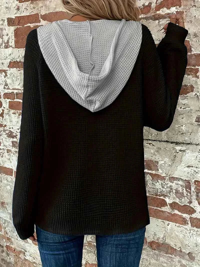 Women's Contrast-Hood Waffle-Knit Hoodie with Button Placket, view 6
