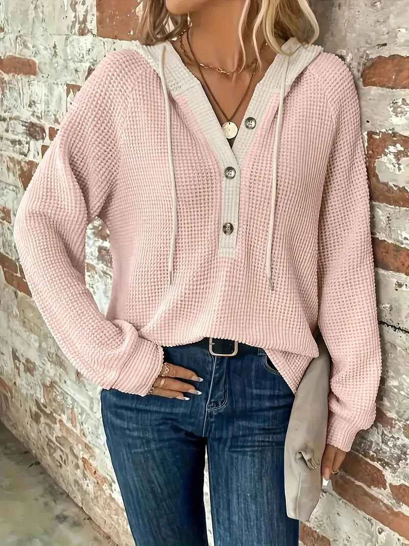Women's Contrast-Hood Waffle-Knit Hoodie with Button Placket, Pink, view 7