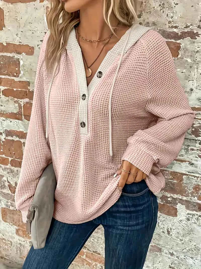 Women's Contrast-Hood Waffle-Knit Hoodie with Button Placket, view 8