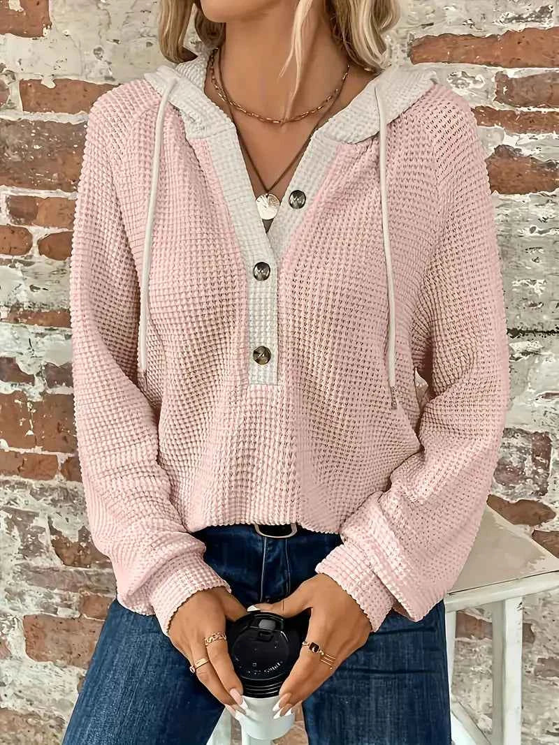 Women's Contrast-Hood Waffle-Knit Hoodie with Button Placket, view 9