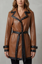 Women's Contrast-Trim Faux-Leather Trench Coat, Dark Brown, view 1