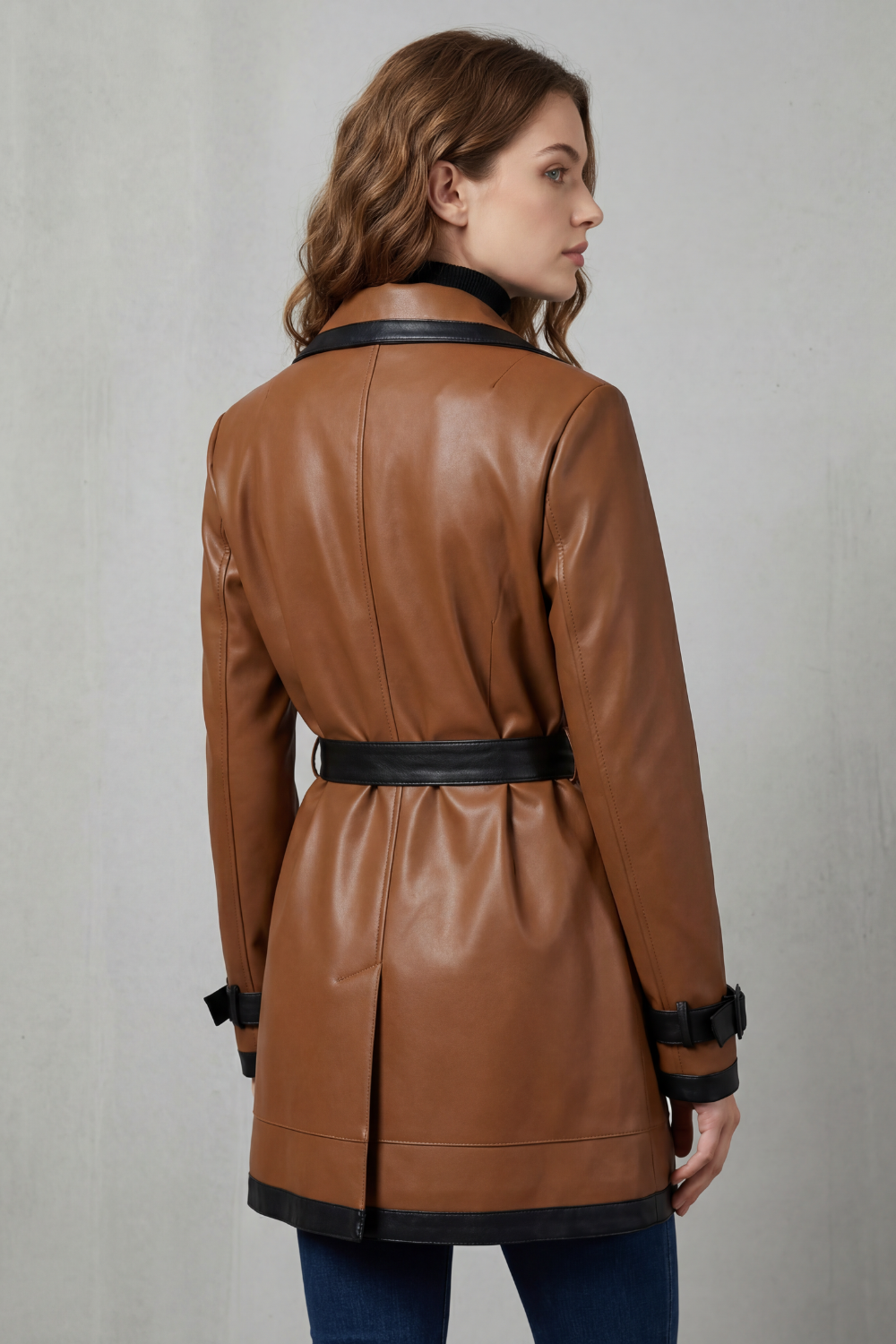Women's Contrast-Trim Faux-Leather Trench Coat, view 2