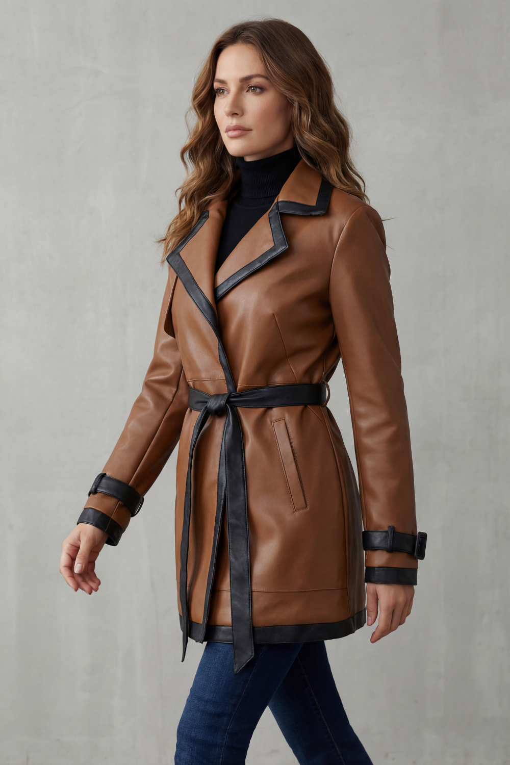 Women's Contrast-Trim Faux-Leather Trench Coat, view 3