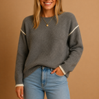 Women's Crew Neck Knit Jumper with Shoulder Stripes, Dark Grey, view 4