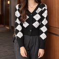 Women's Cropped Argyle Cardigan with V-Neckline, Black, view 1