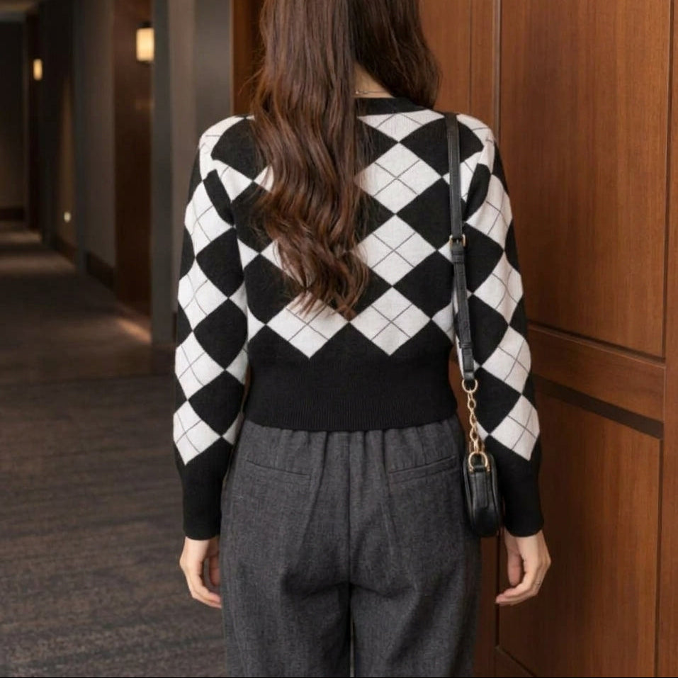 Women's Cropped Argyle Cardigan with V-Neckline, view 2
