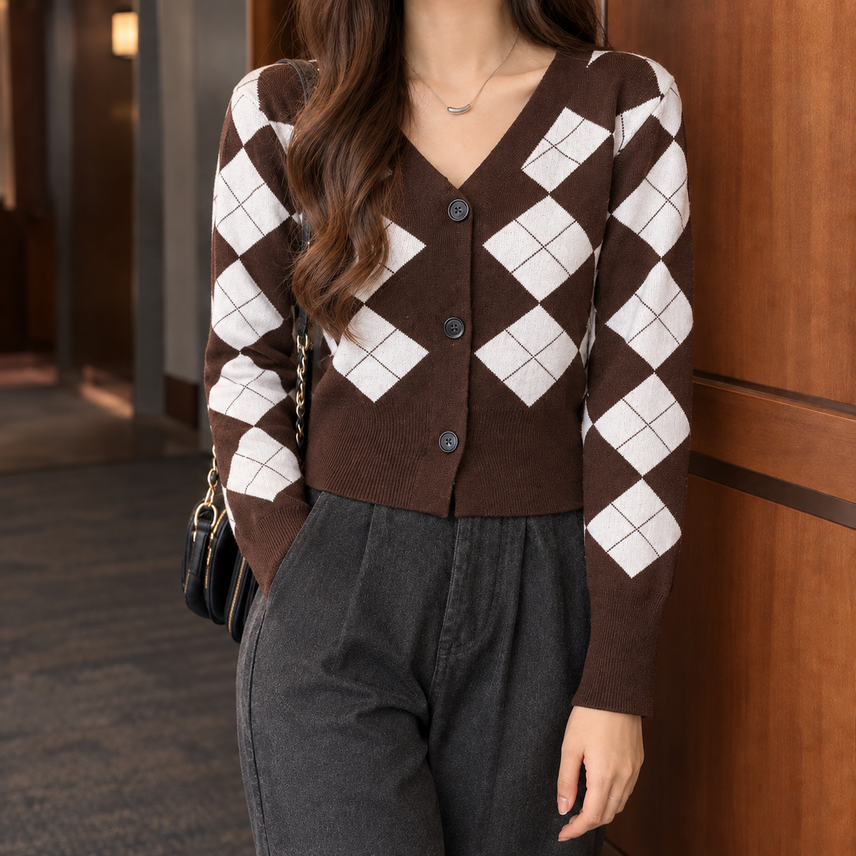 Women's Cropped Argyle Cardigan with V-Neckline, Brown, view 3