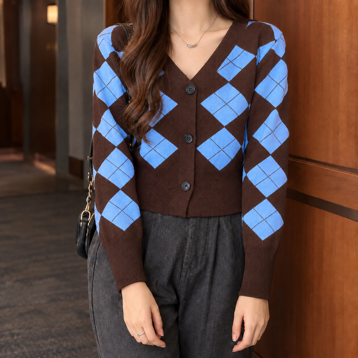 Women's Cropped Argyle Cardigan with V-Neckline, Blue, view 4