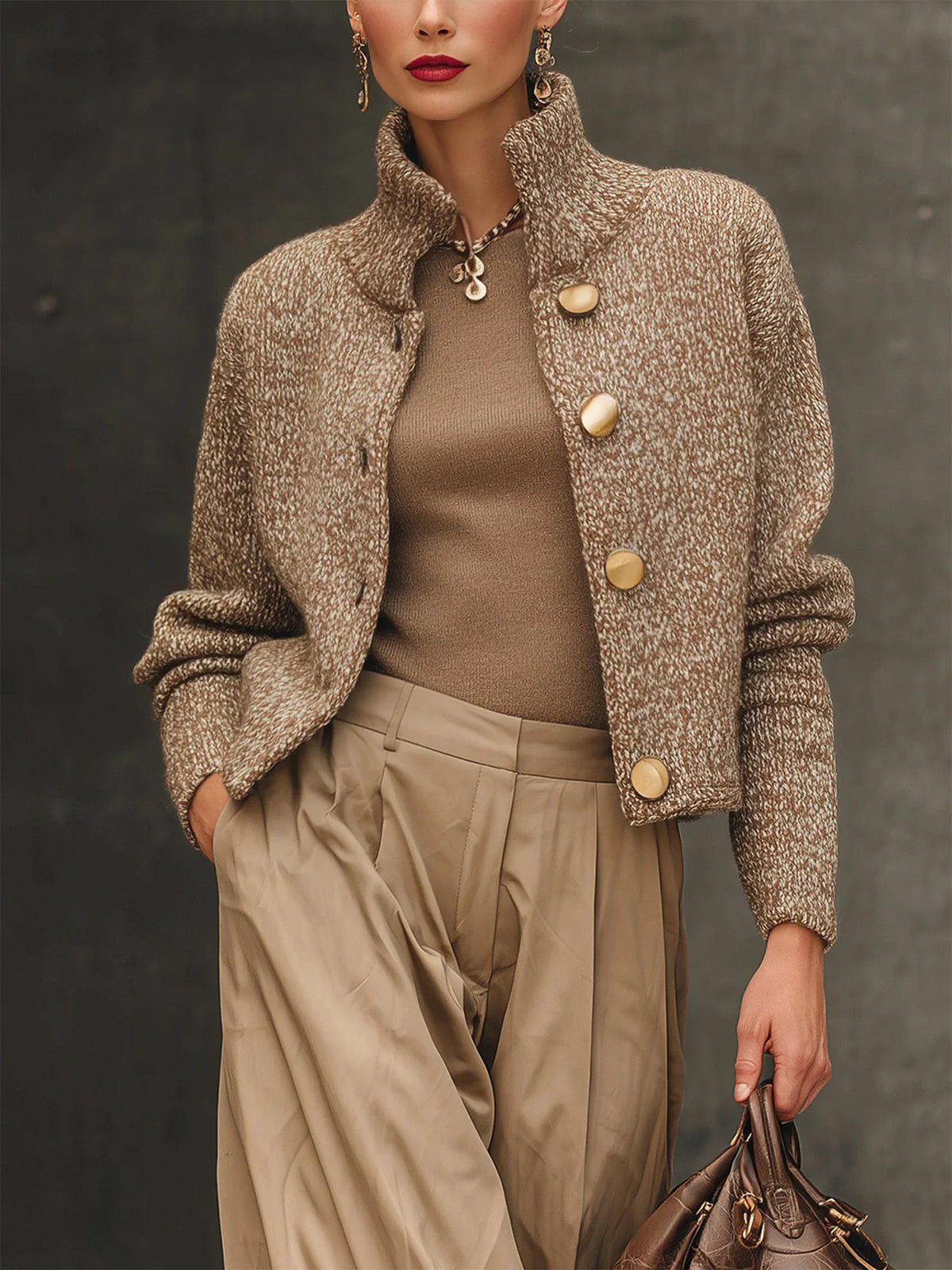 Women's Cropped Bouclé-Style Cardigan with Gold Buttons, Brown, view 1