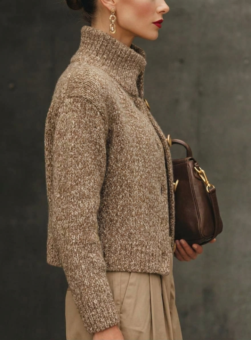 Women's Cropped Bouclé-Style Cardigan with Gold Buttons, view 2