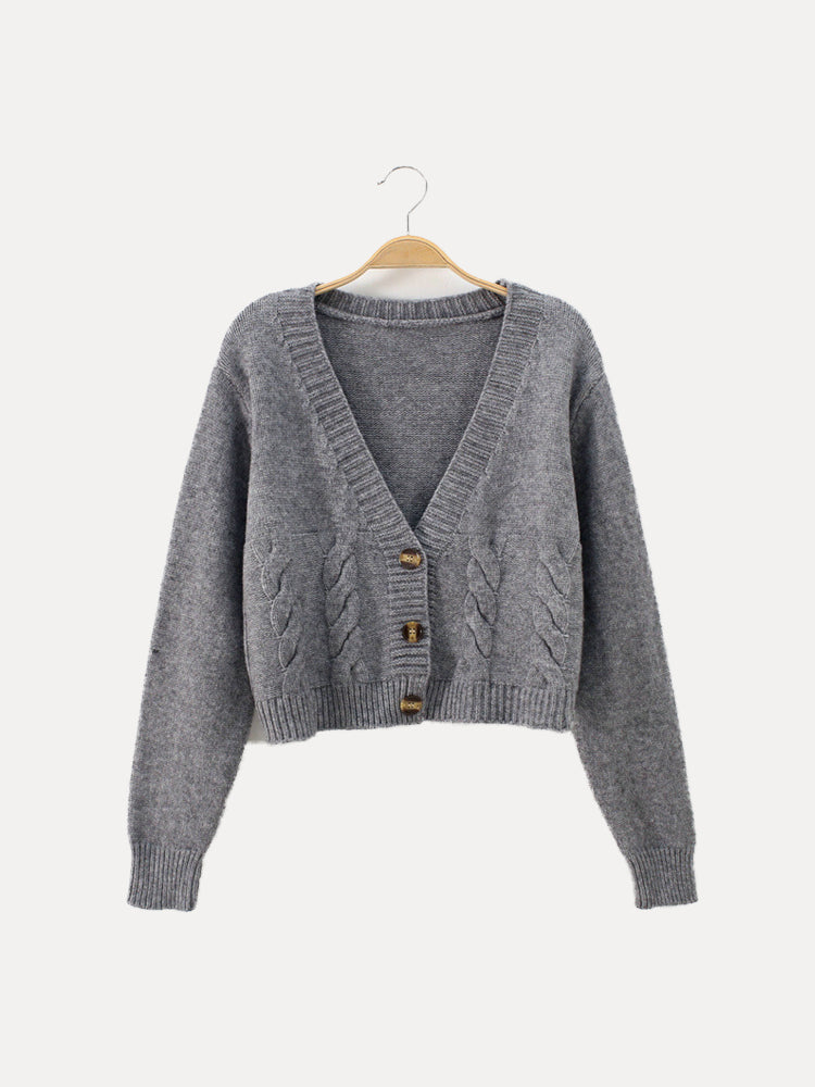 Women's Cropped Cable Knit Cardigan with V-Neck, Grey, view 1