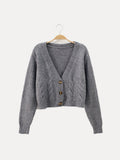 Women's Cropped Cable Knit Cardigan with V-Neck, Grey, view 1