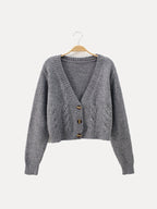 Women's Cropped Cable Knit Cardigan with V-Neck, Grey, view 1