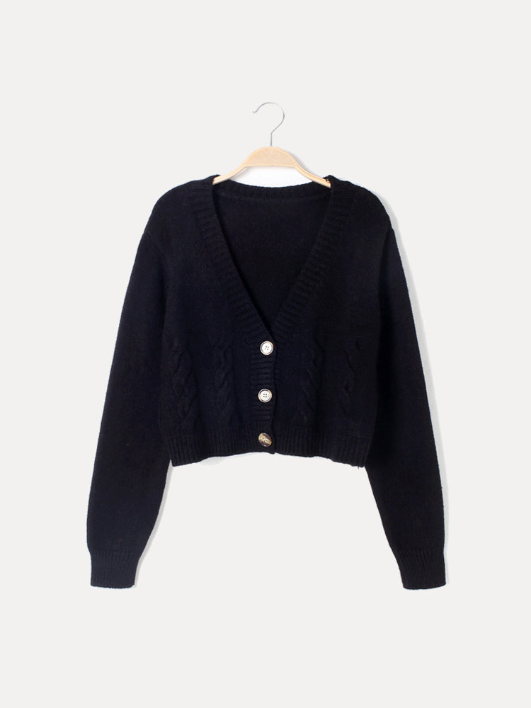 Women's Cropped Cable Knit Cardigan with V-Neck, Black, view 2