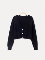 Women's Cropped Cable Knit Cardigan with V-Neck, Black, view 2