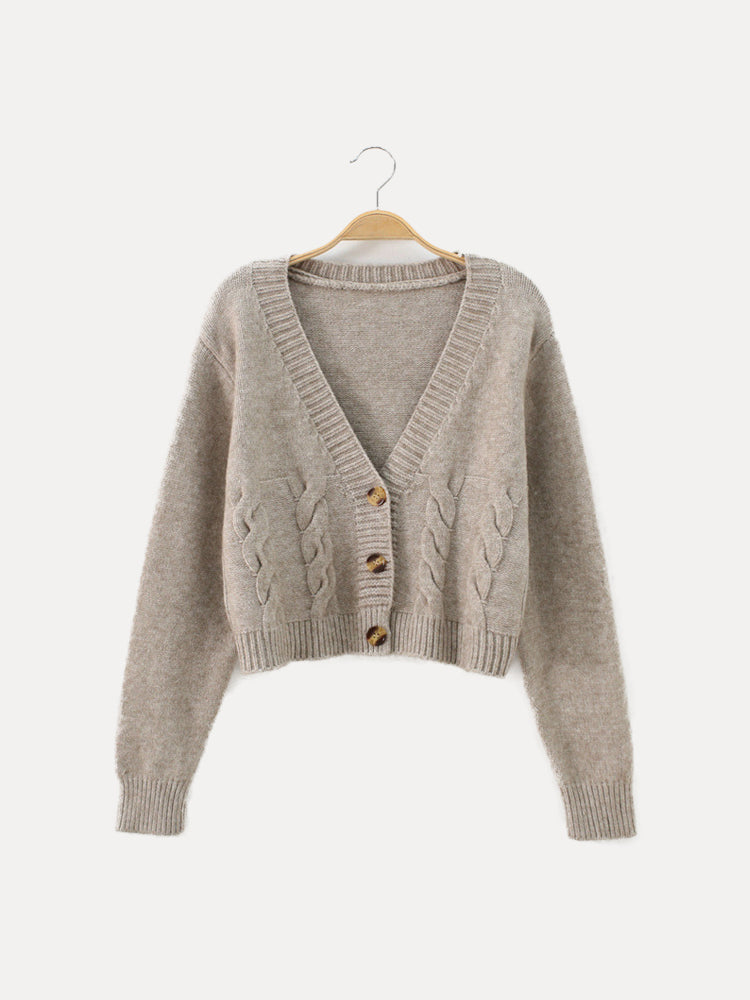 Women's Cropped Cable Knit Cardigan with V-Neck, Oat Beige, view 3