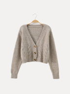 Women's Cropped Cable Knit Cardigan with V-Neck, Oat Beige, view 3
