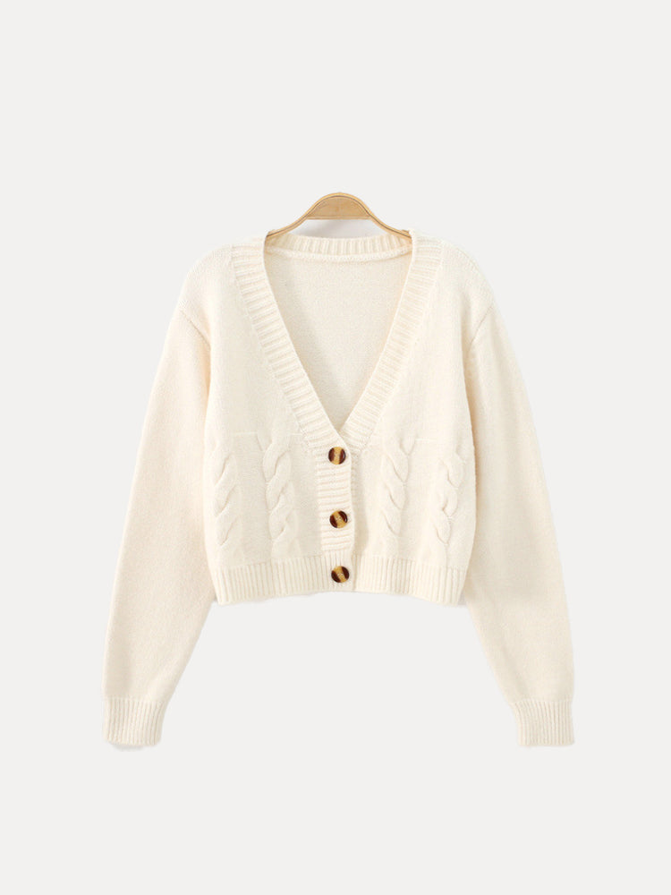 Women's Cropped Cable Knit Cardigan with V-Neck, Beige, view 4