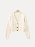 Women's Cropped Cable Knit Cardigan with V-Neck, Beige, view 4
