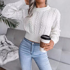 Women's Cropped Cable Knit Puff Sleeve Jumper, White, view 1