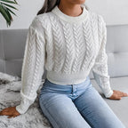 Women's Cropped Cable Knit Puff Sleeve Jumper, view 2