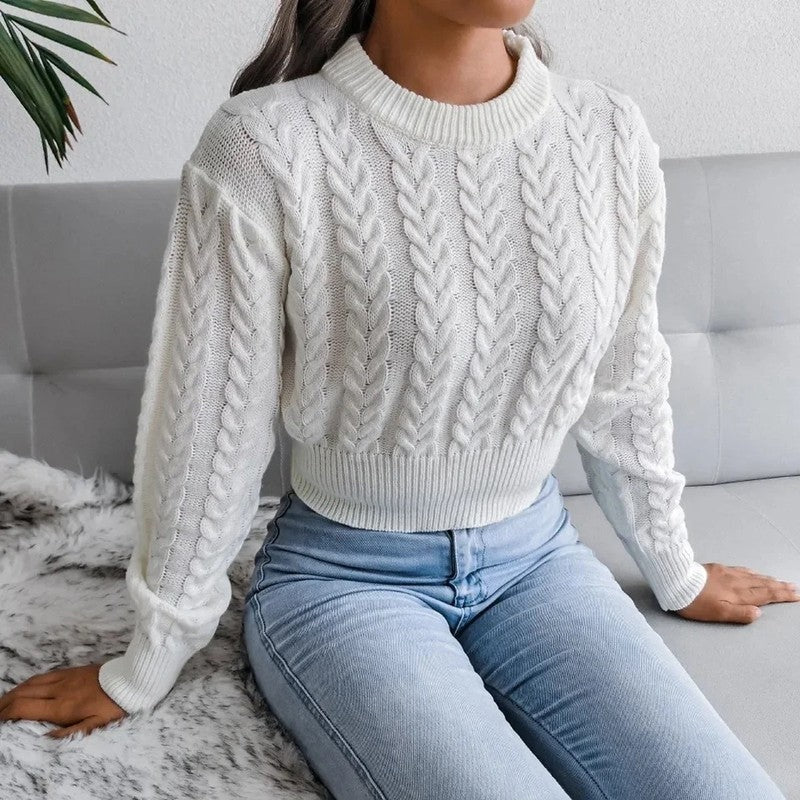 Women's Cropped Cable Knit Puff Sleeve Jumper, view 2