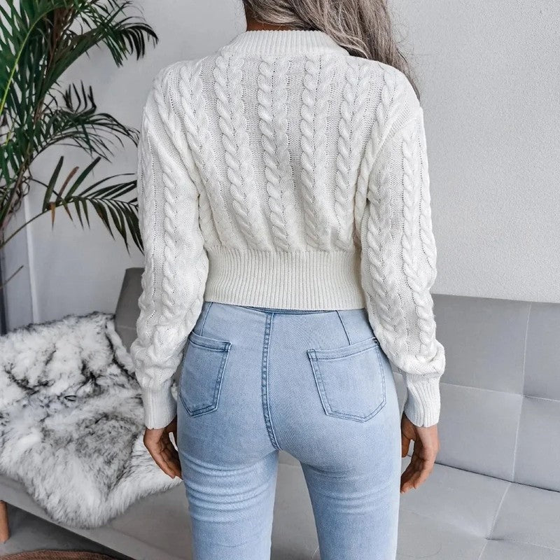 Women's Cropped Cable Knit Puff Sleeve Jumper, view 3