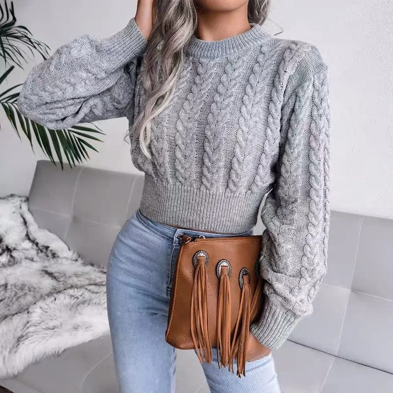 Women's Cropped Cable Knit Puff Sleeve Jumper, Grey, view 4